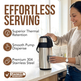 Linda's Essentials airpot pump in action for easy self-serve pours.