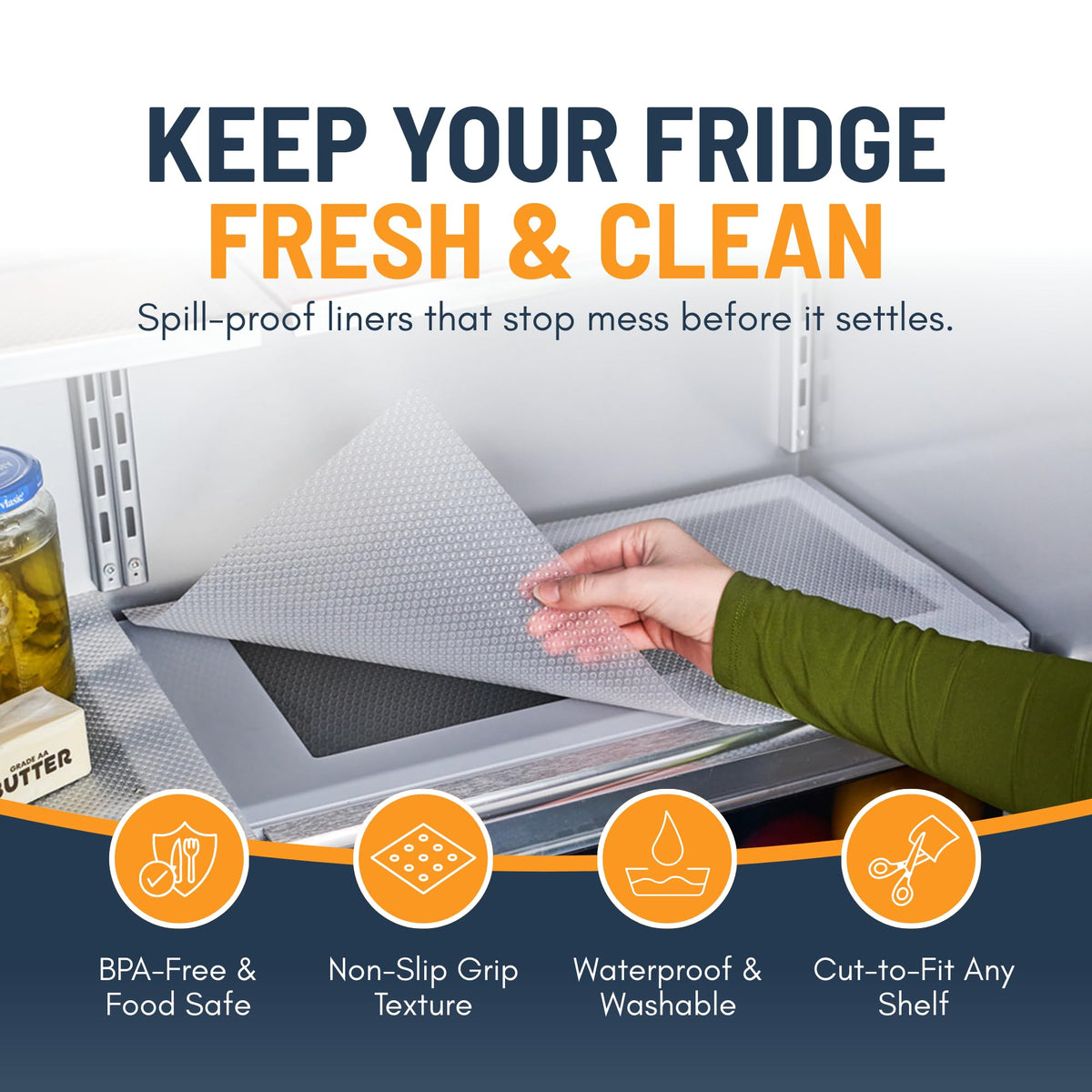 Linda's Essentials BPA-free EVA liner for safe, long-lasting fridge organization