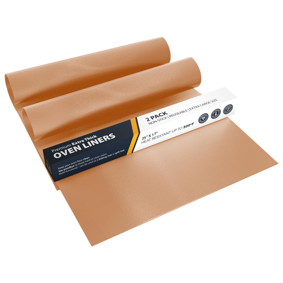 Linda's Essentials copper oven liner provides bottom-coverage against spills