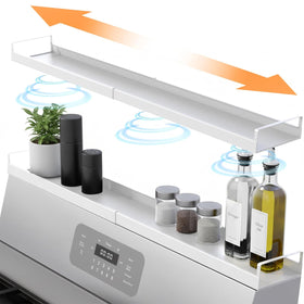 Linda's Essentials extendable stove shelf mounted above the stove with 16–30 inch reach for organized storage.
