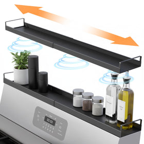 Linda's Essentials extendable stove shelf at 16 inches keeps spices within easy reach.
