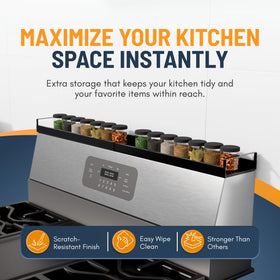 Linda's Essentials extendable stove shelf at 30 inches adds extra storage for larger stoves.