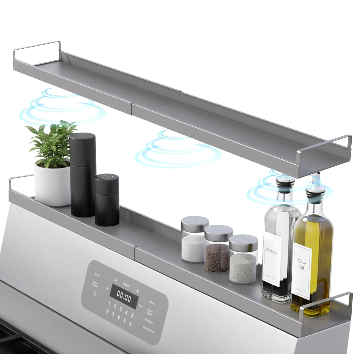 Linda's Essentials extendable stove shelf extended length demonstrates adaptable storage above the stove
