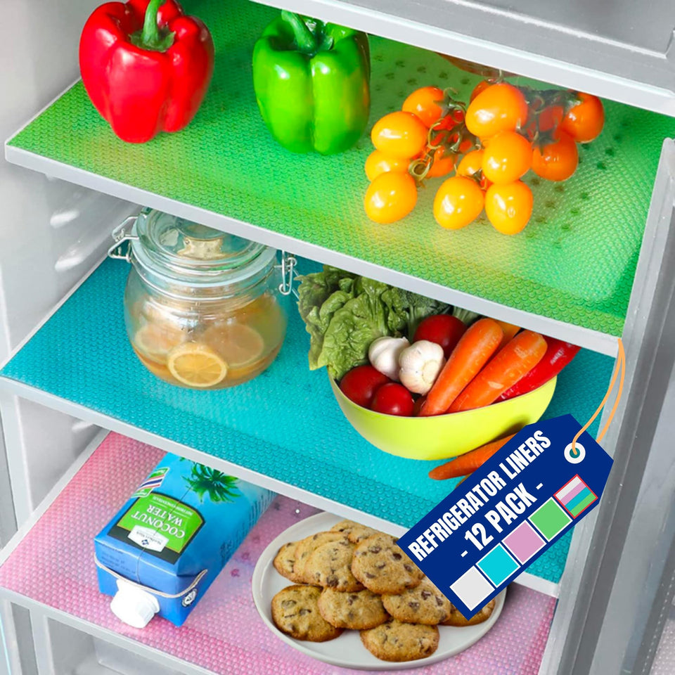 Linda's Essentials fridge liner 12-pack on a shelf protects from spills and makes cleanup easier.