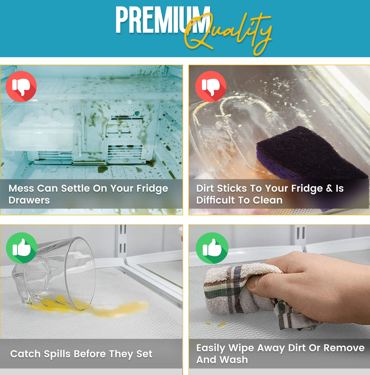 Linda's Essentials colorful fridge liners brighten the interior and help separate meats and dairy.