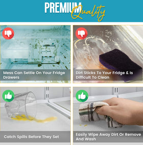 Linda's Essentials colorful fridge liners brighten the interior and help separate meats and dairy.