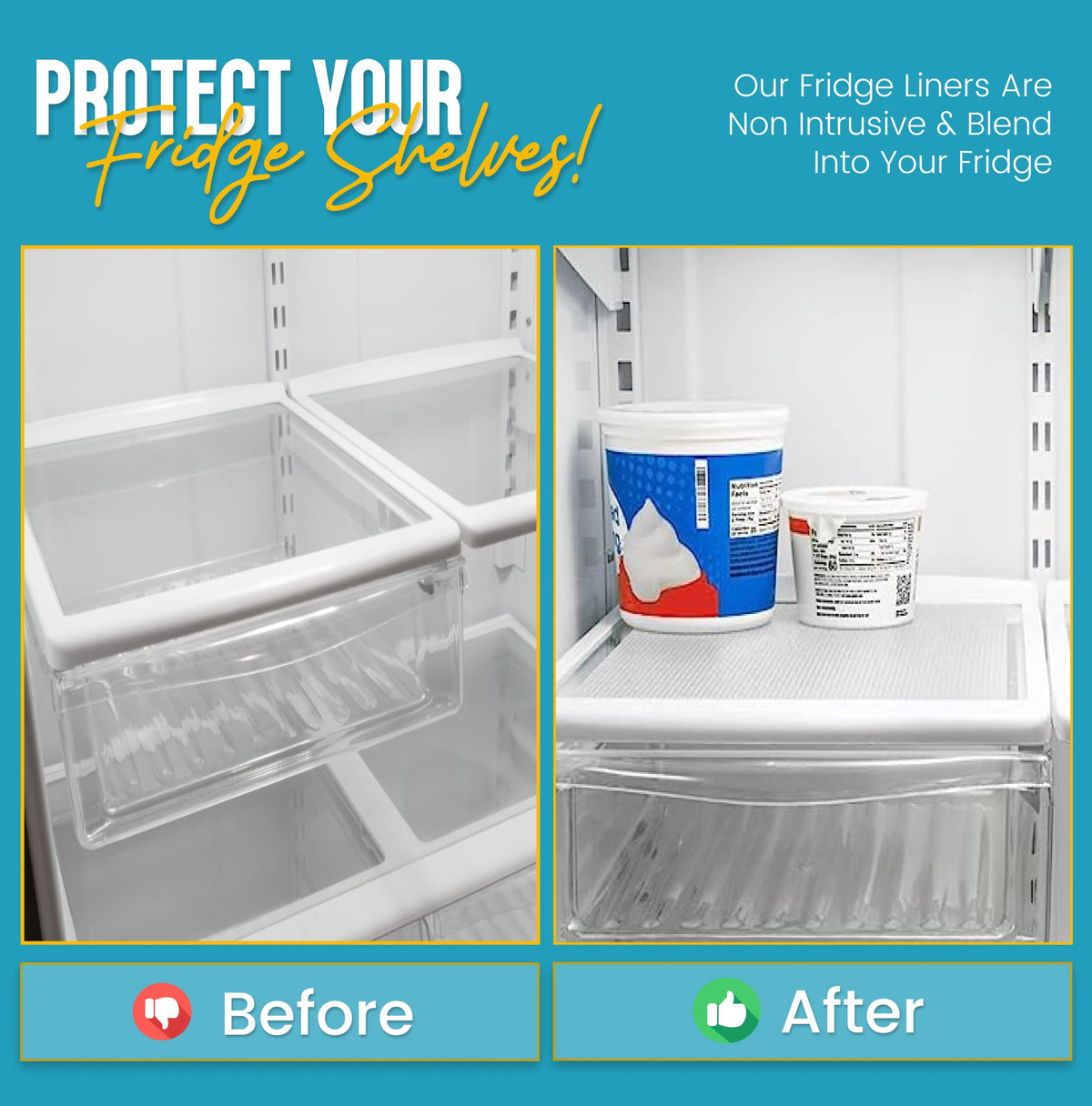 Linda's Essentials dot-textured mats grip shelves to prevent shifting and spills.