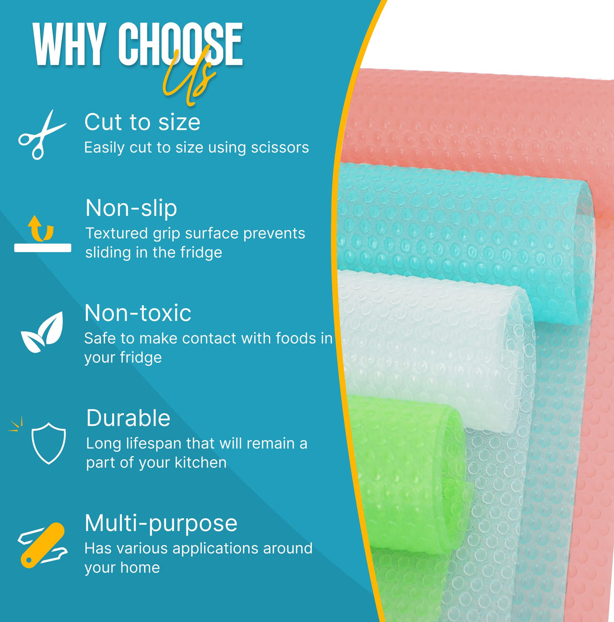 Linda's Essentials fridge liner underside is non-adhesive for residue-free removal.