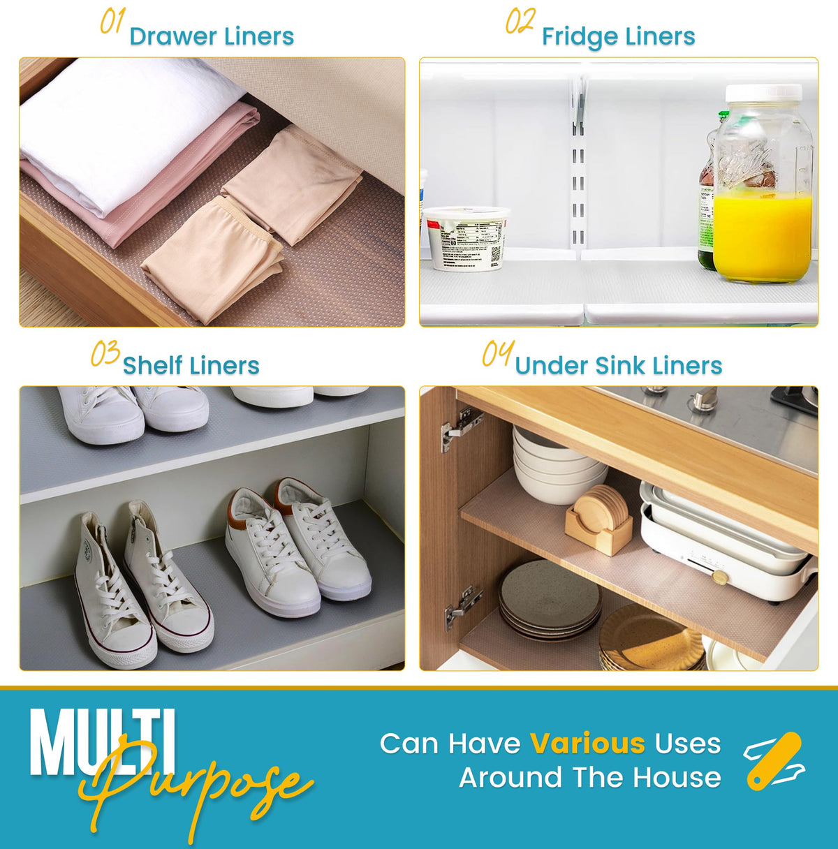 Linda's Essentials mats measure 17.7 by 11.4 inches for flexible shelf fit.