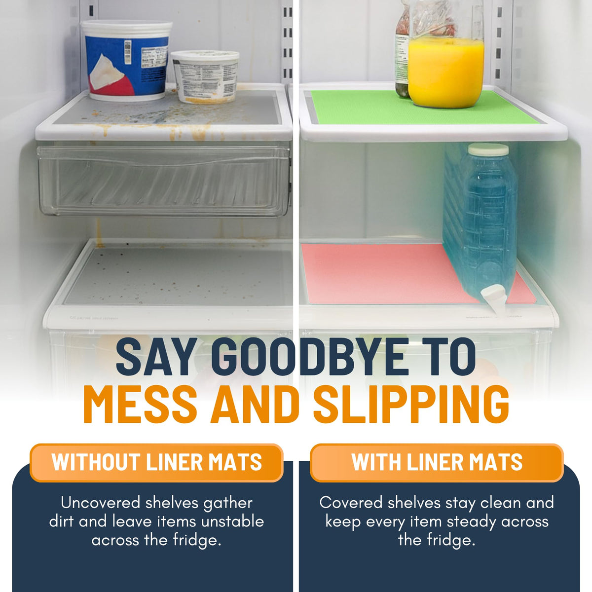 Linda's Essentials liner under shelf shows easy-clean, non-adhesive base