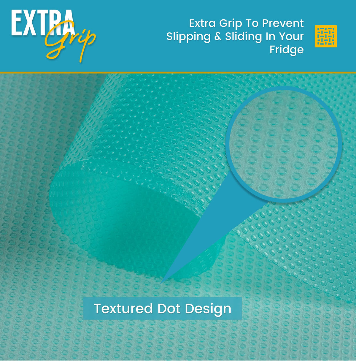 Linda's Essentials liners in fridge are waterproof and washable for easy maintenance.