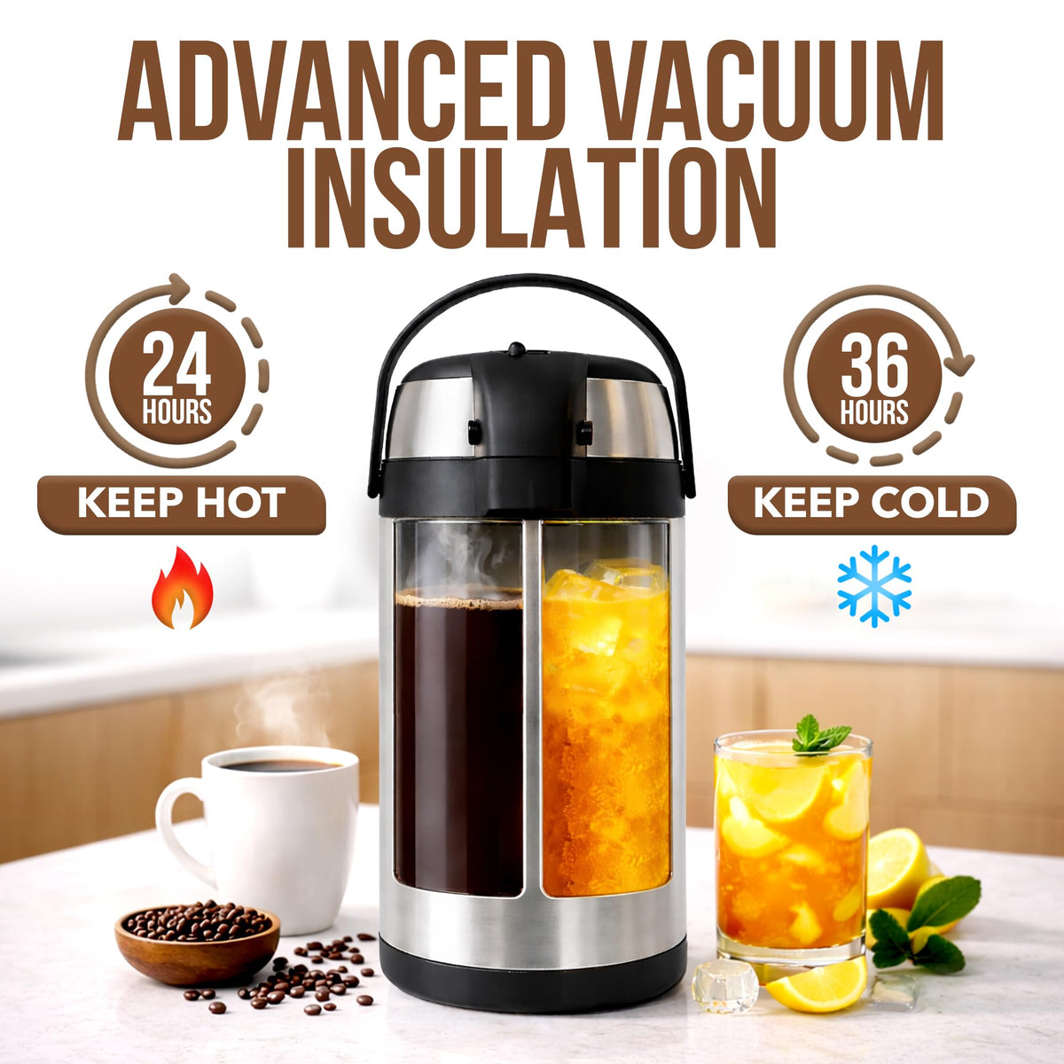 Linda's Essentials hot and cold insulation supports all-day beverages.