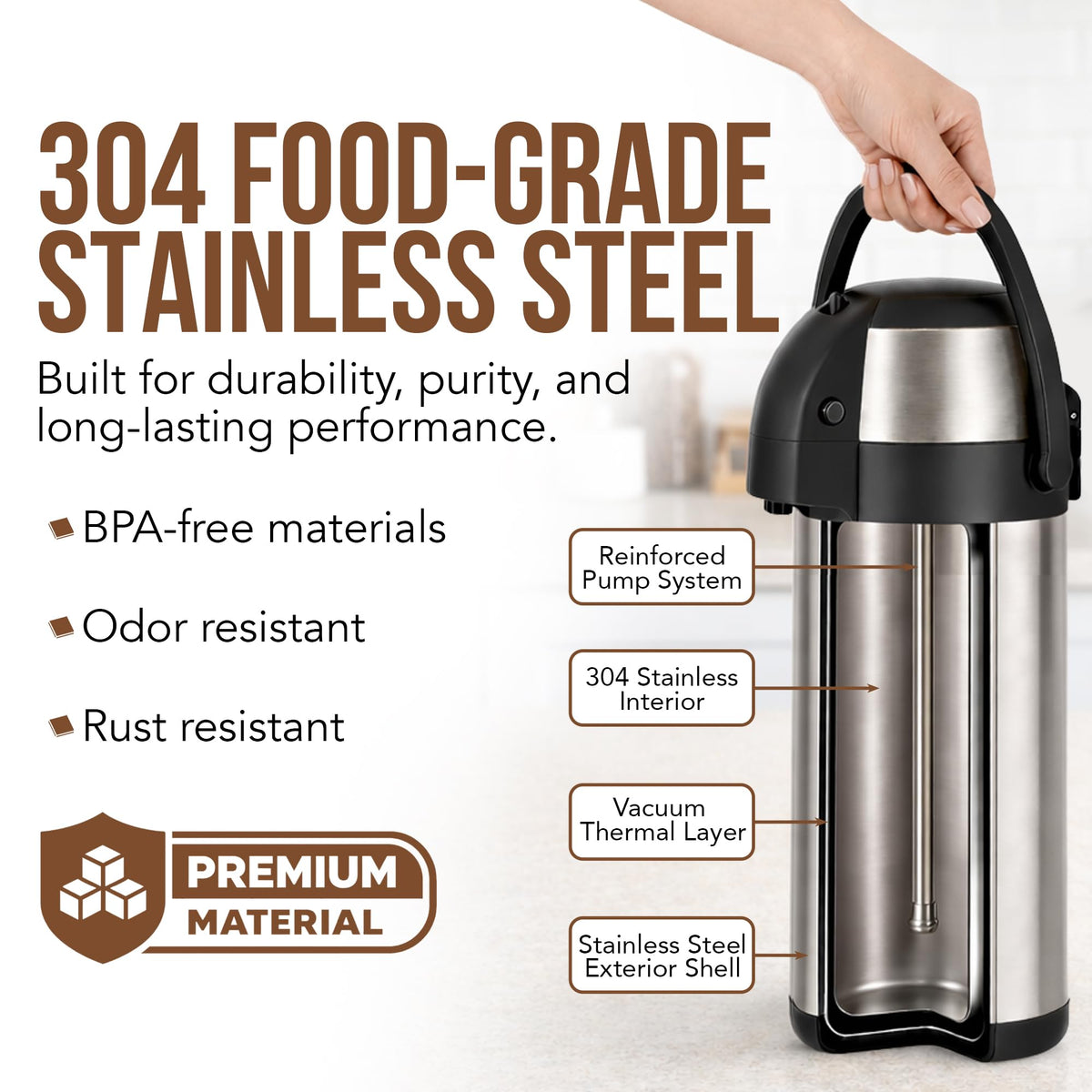 Linda's Essentials insulated steel interior maintains pure flavor.