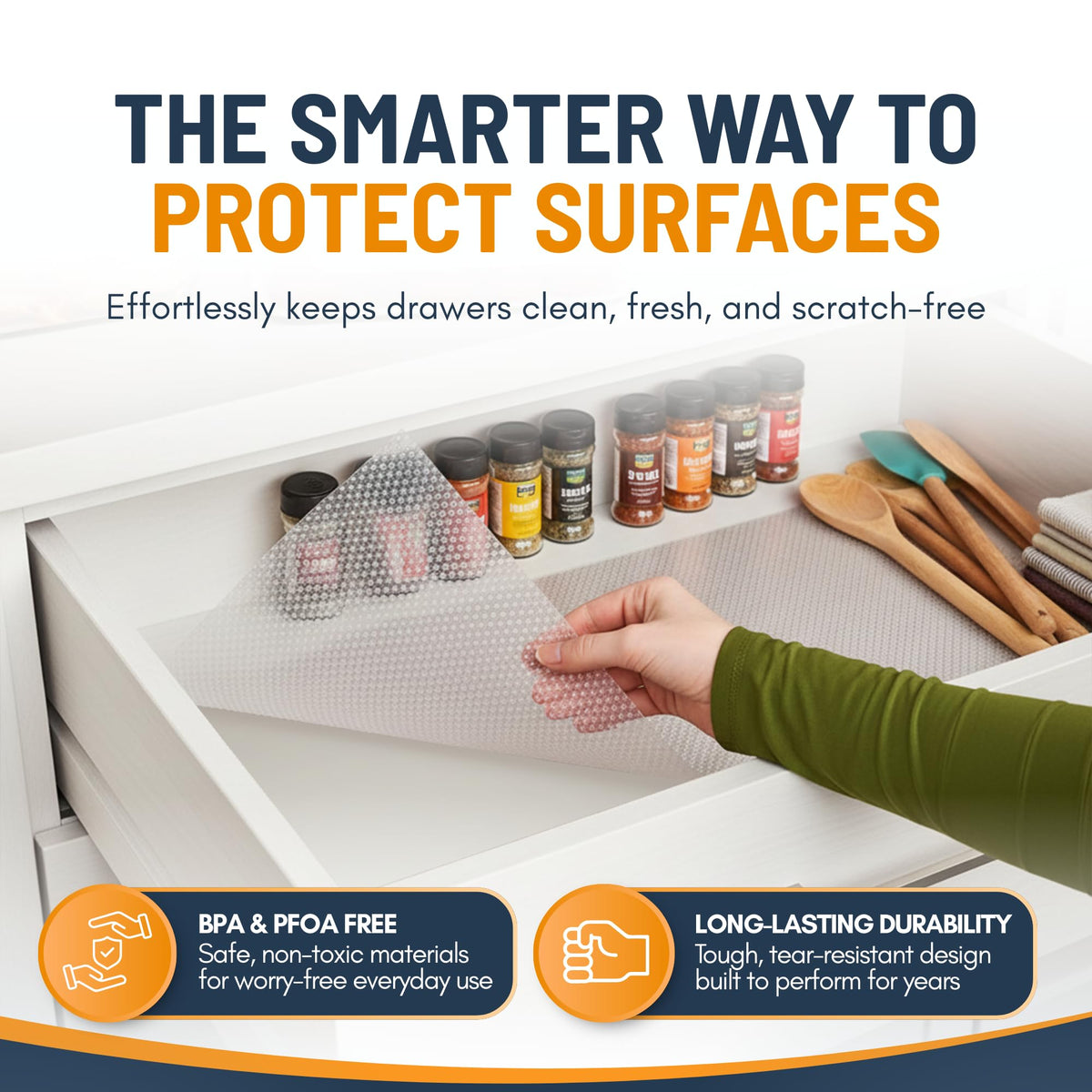 Linda's Essentials drawer liner non-slip waterproof protection for spills