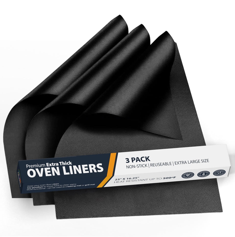 Linda's Essentials oven liners 3-pack protecting the oven bottom from spills.
