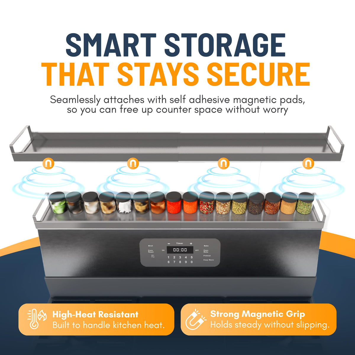 Linda's Essentials magnetic mounts for stove shelf illustrate strong hold on metal surfaces