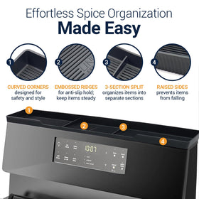 Linda's Essentials over-stove spice rack helps organize oils and condiments within arm's reach.