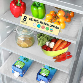 Linda's Essentials clear refrigerator liner on a shelf for quick cleanup after spills