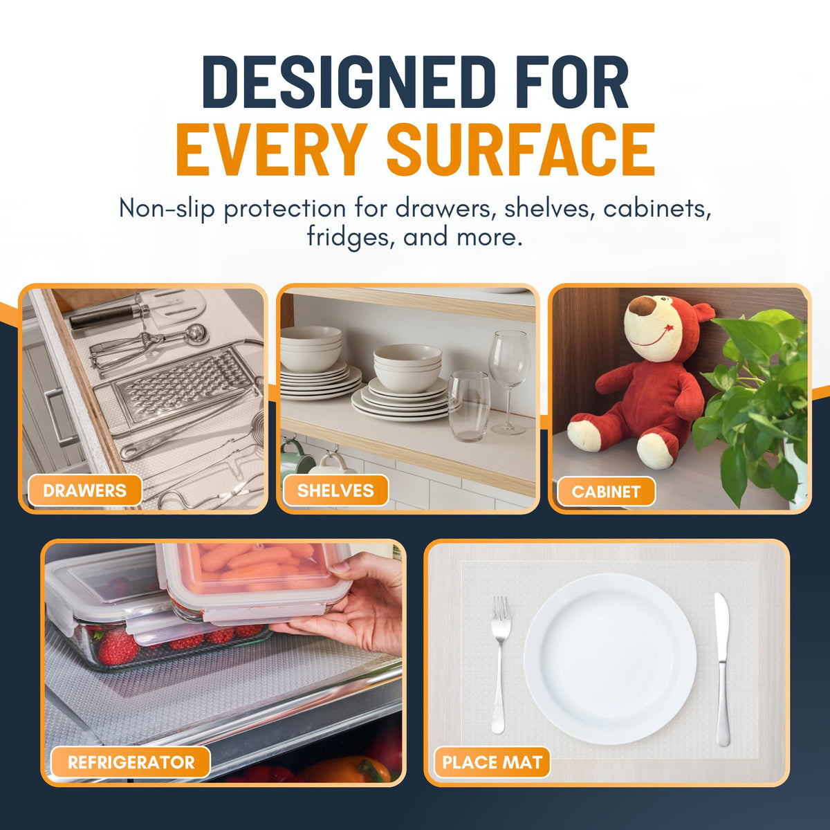 Linda's Essentials waterproof liner prevents messes on shelves