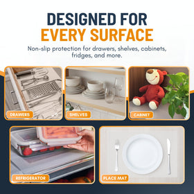 Linda's Essentials waterproof liner prevents messes on shelves