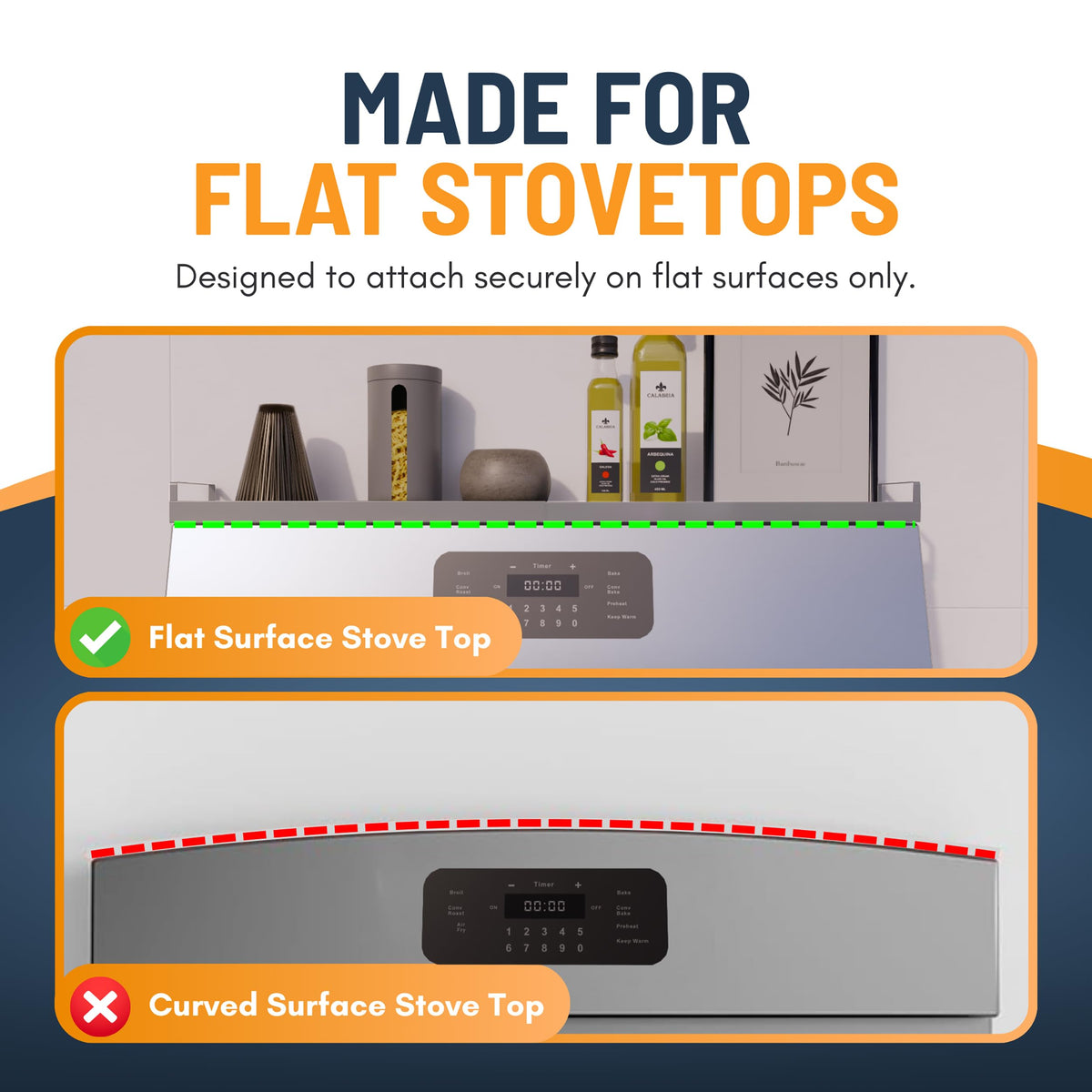 Linda's Essentials shelf installed above stove provides accessible storage for spices and oils