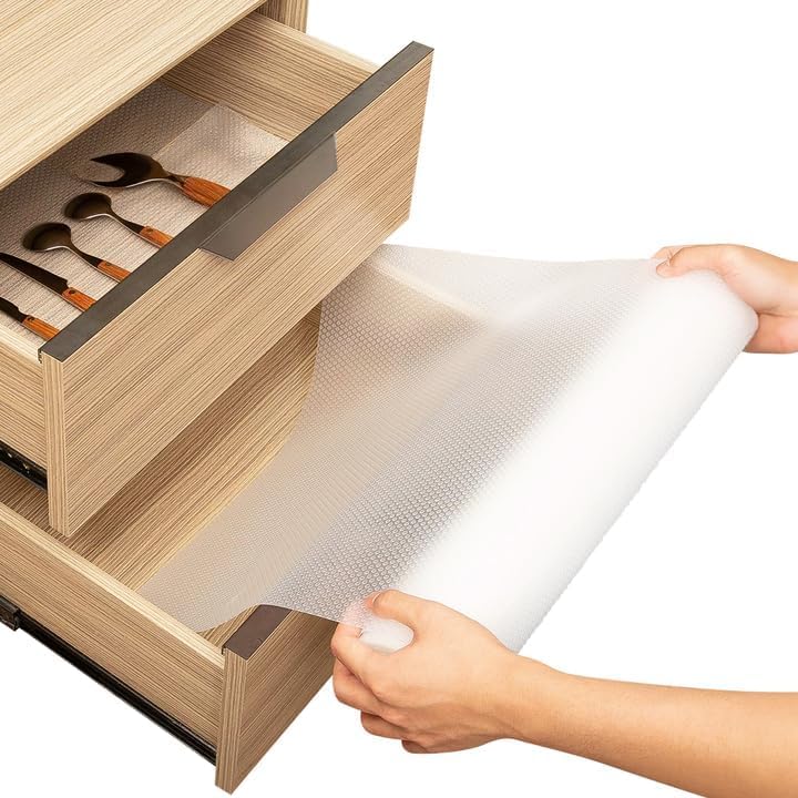 Linda's Essentials shelf liner clear roll with non-adhesive grip for secure dishware