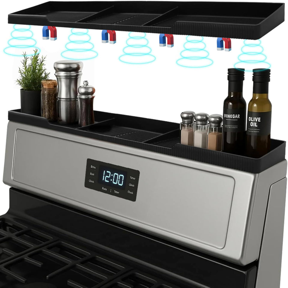 Linda's Essentials silicone magnetic over the stove shelf back view keeps spices within reach while cooking.
