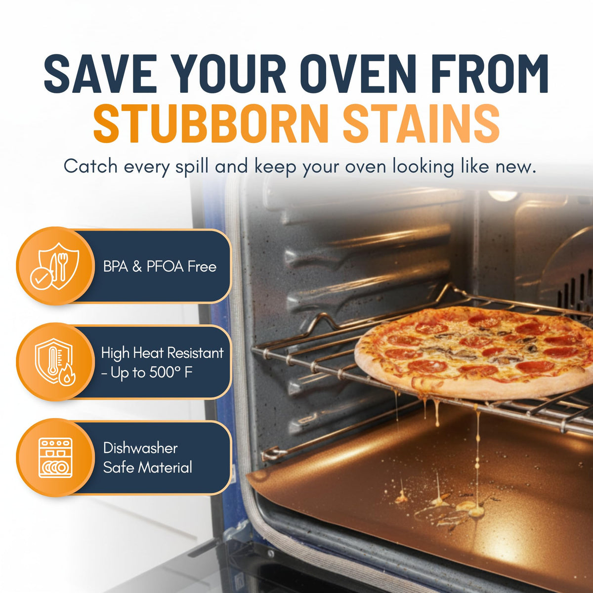 Linda's Essentials two-pack copper liners protect the oven floor and simplify cleanup