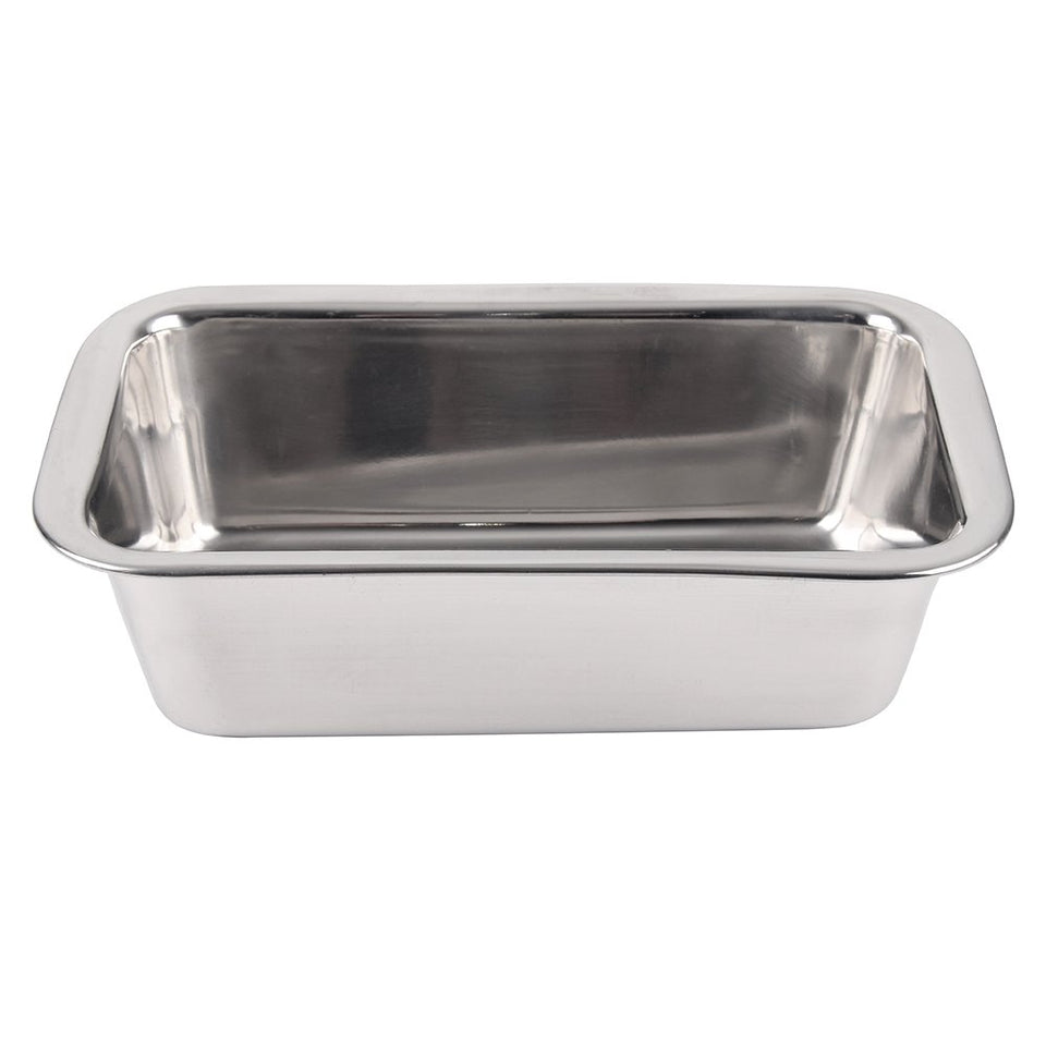 Lindy's stainless-steel loaf pan front view shows durable construction for even baking.