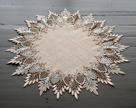 Casual dinner scene with Linens, Art and Things lace doily adds warmth.