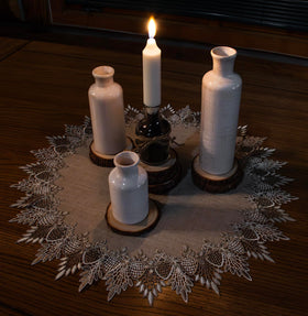 Linens Art and Things lace doily on dining table adds subtle warmth.