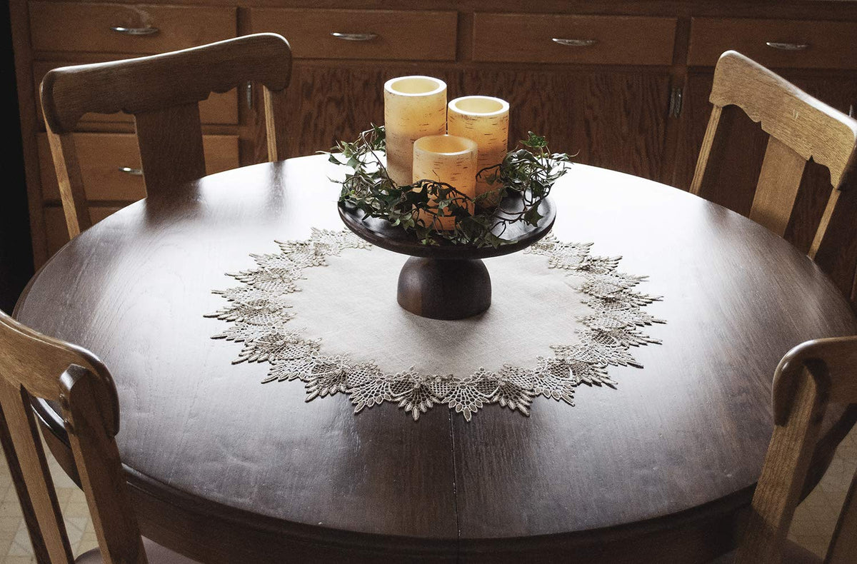 Linens Art and Things lace doily machine washable for easy care.