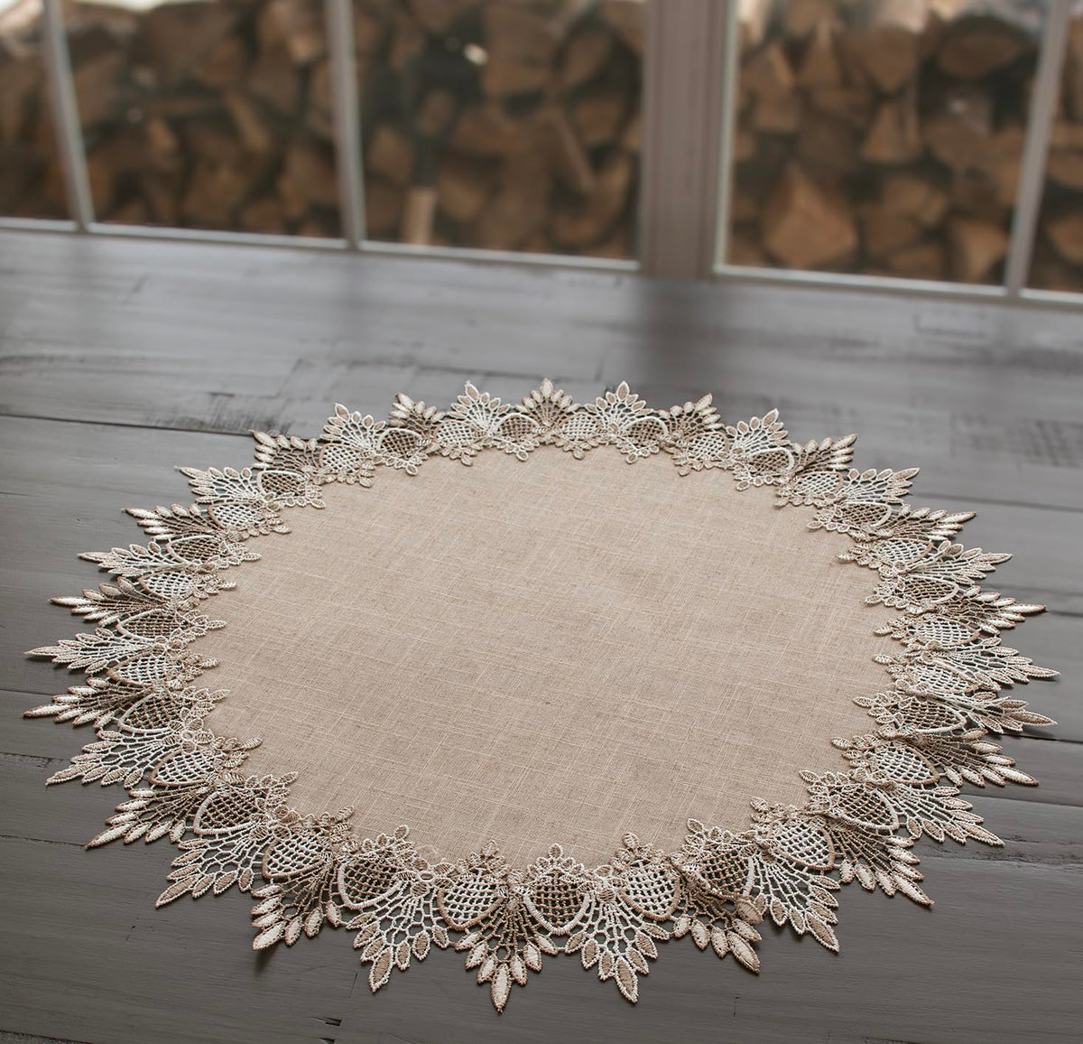 Linens Art and Things lace doily in neutral beige-brown enhances farmhouse charm.