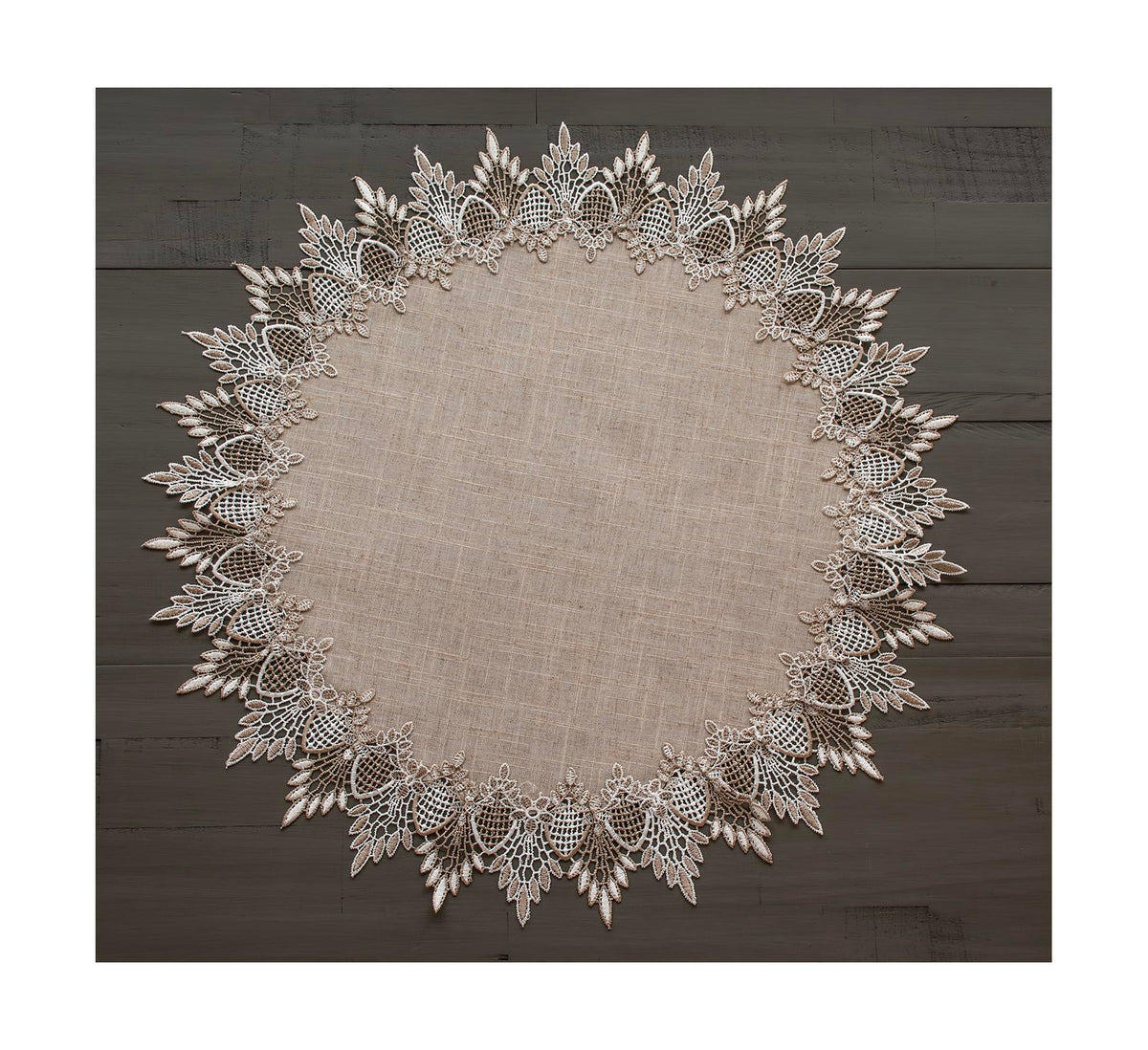 Linens Art and Things lace doily close-up showing delicate lace edge for table decor.