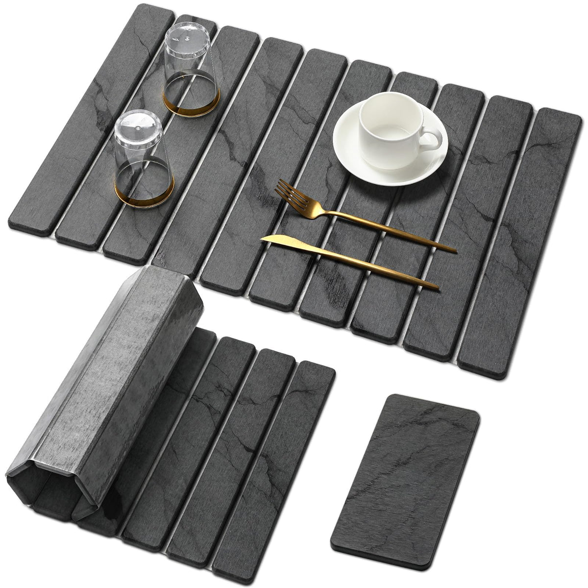 Linidcoud large stone drying mat on counter with gray marbling for quick dish drying.