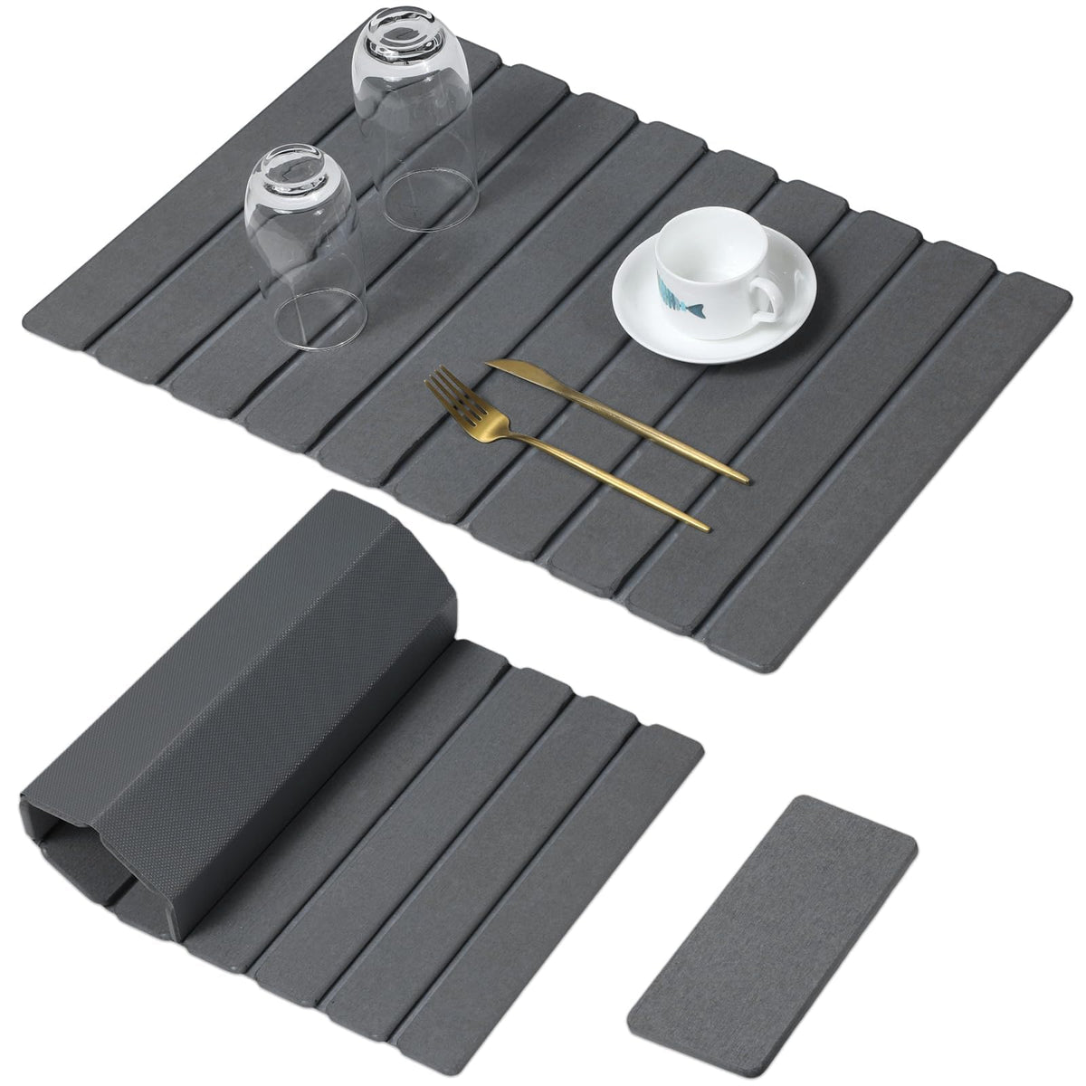 Linidcoud large stone drying mat on a counter, quick-dry efficiency for dishes.