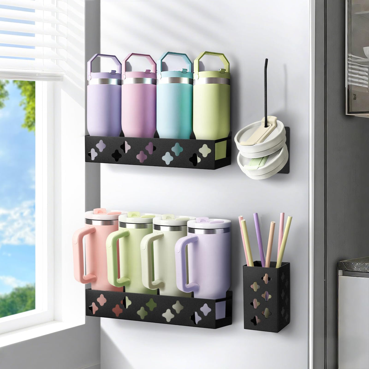 Linidcoud magnetic water bottle organizer on fridge keeps tumblers neatly accessible.