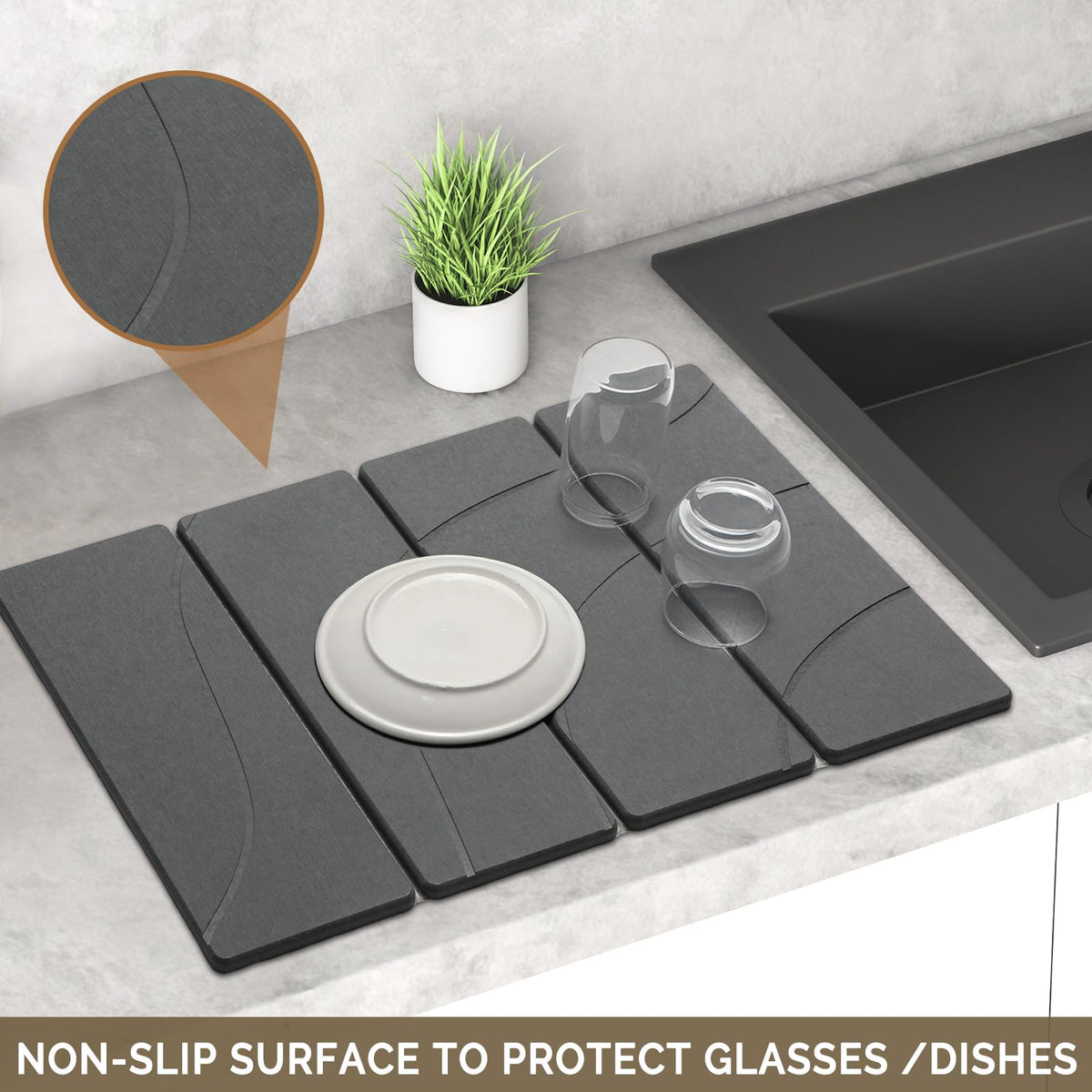 Linidcoud stone drying mat placed under a dish rack for tidy counter space