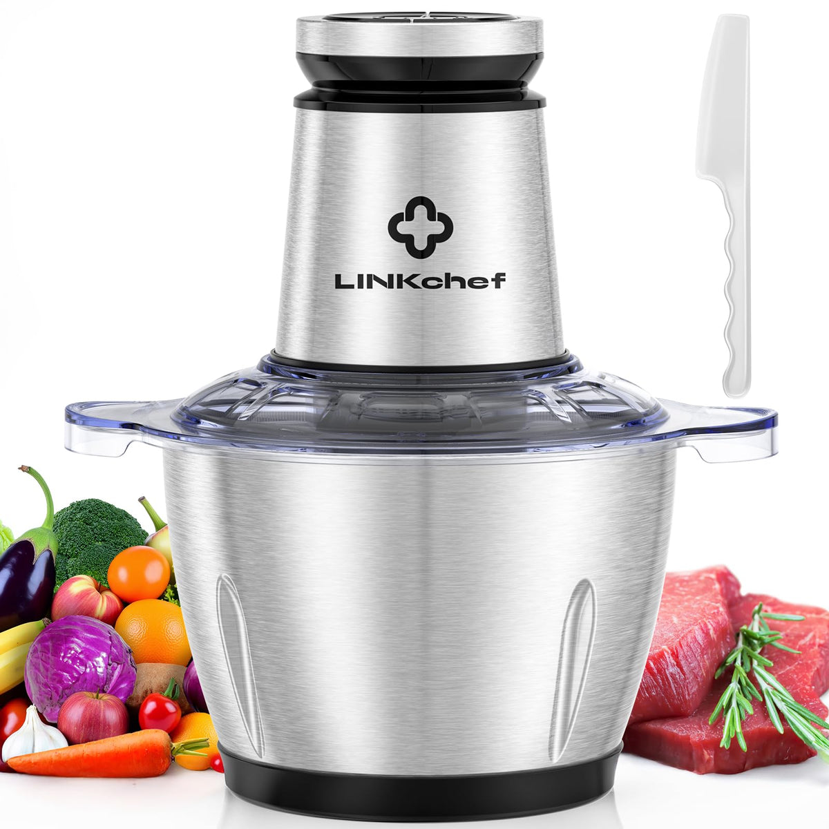 LINKChef food processor with 600W motor enables quick chopping for weeknight meals.