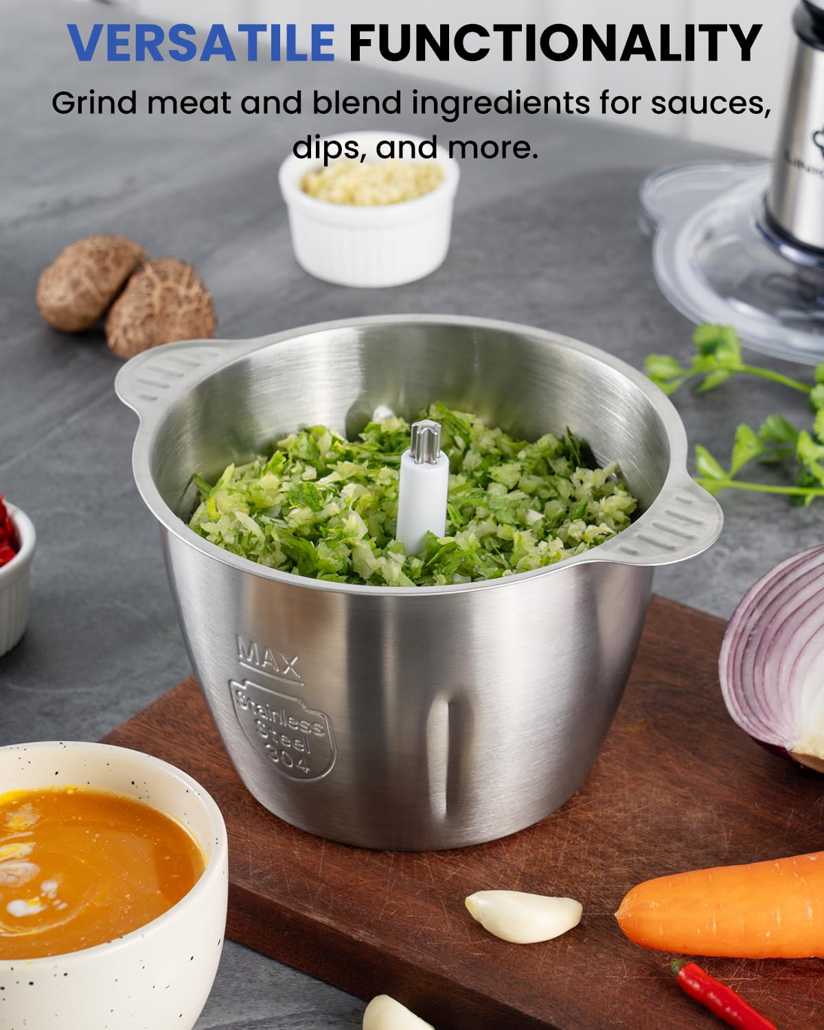 LINKChef built-in meat mincer supports homemade burgers and fillings.