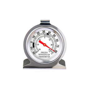 LinkDm refrigerator-freezer thermometer shown in use on a shelf.