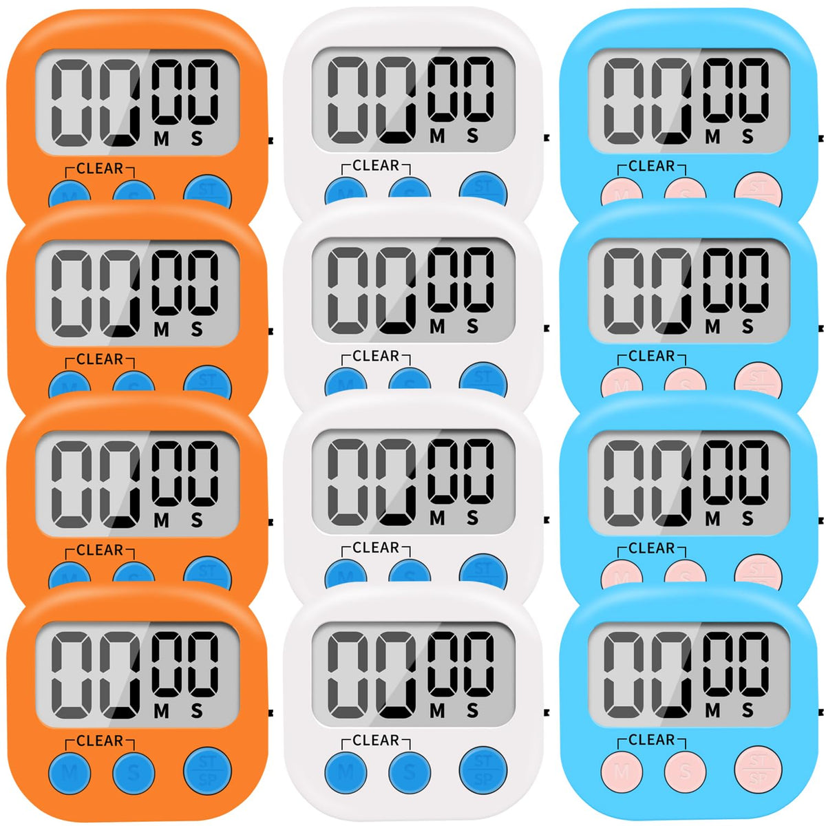 LinkDm timer front view in white blue and orange showing compact digital display for quick kitchen timing