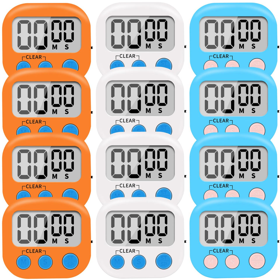 LinkDm timer front view in white blue and orange showing compact digital display for quick kitchen timing