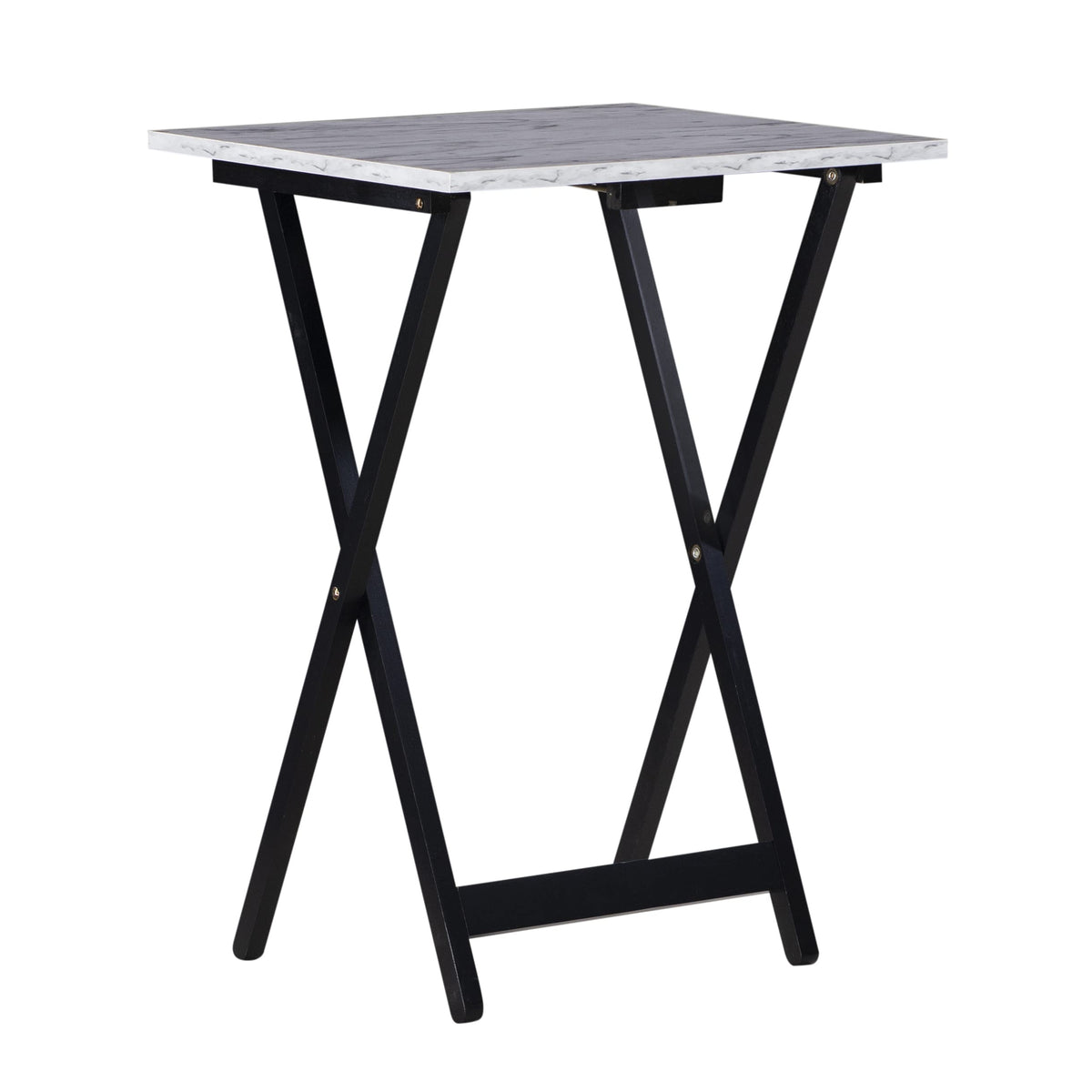 Dimensions and assembly-ready Linon Tray Table Set for quick setup