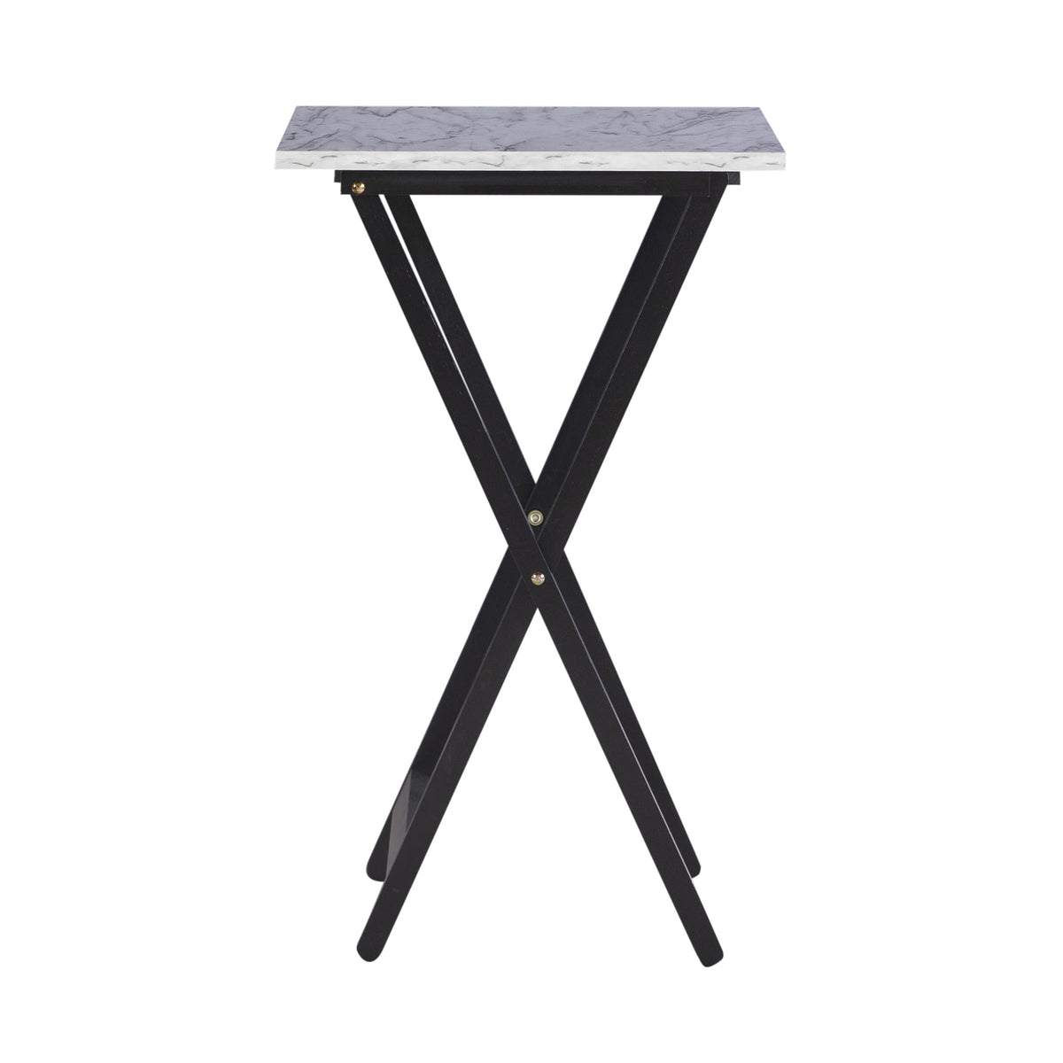 Close-up of Linon white faux marble top detail on the tray table set