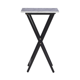 Close-up of Linon white faux marble top detail on the tray table set