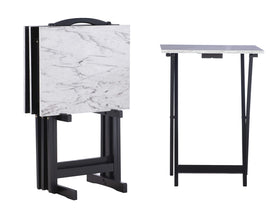 Linon Tray Table Set with white faux marble top; portable trays for easy room-to-room use