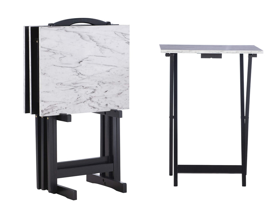 Linon Tray Table Set with white faux marble top; portable trays for easy room-to-room use
