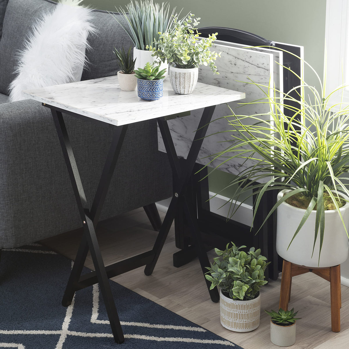 Linon Tray Table Set with black base; sturdy stand supports multiple trays
