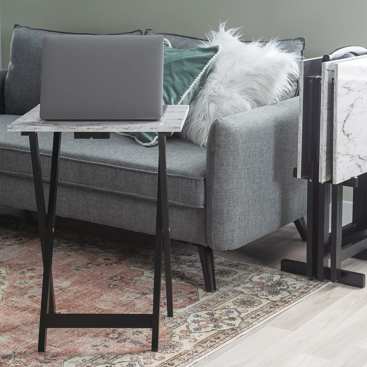 Wood construction with black finish, Linon Tray Table Set for durability